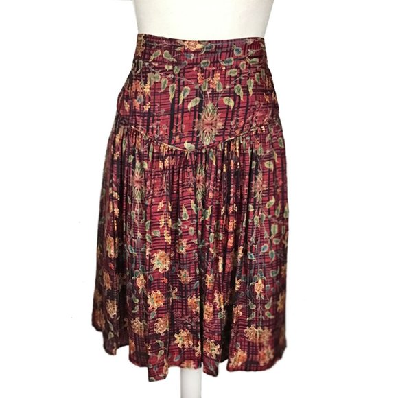 PERUVIAN CONNECTION Fall Leave Pattern Silk Blend Pleated Skirt - Picture 6 of 12